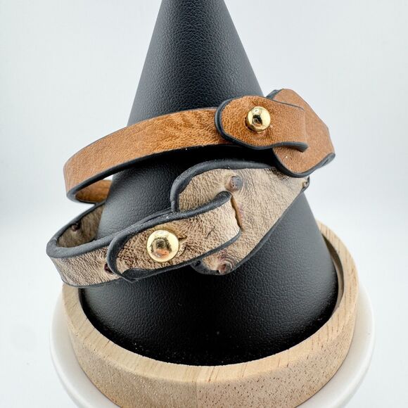 2 Faux Leather Belt Bracelets Ostrich Tan Brown Casual Minimalist Preppy - Picture 3 of 9